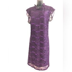 Purple lace sequin ruffle neck flutter sleeve sheath plus cocktail dress size 16